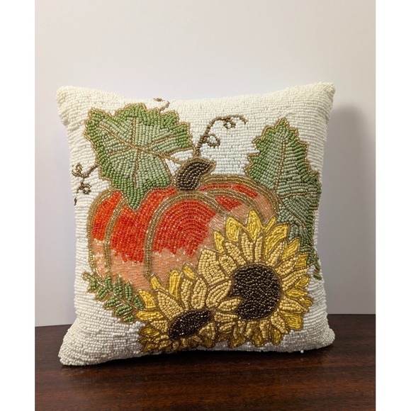The Unbranded Brand Other - Beaded Pumpkin Sunflower Fall Harvest Throw Pillow White Autumn Decor 11"